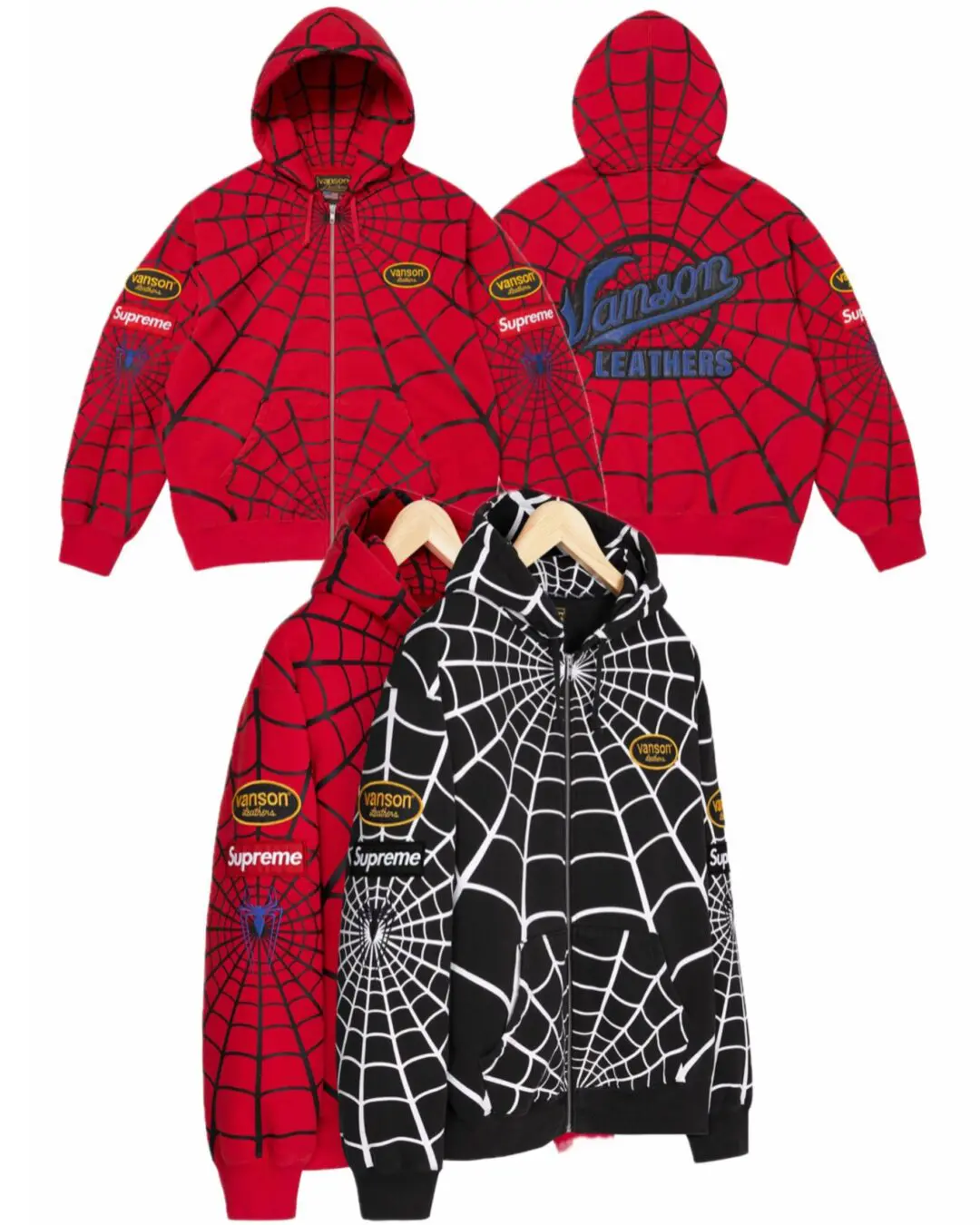 Front and back views of the Supreme x Vanson Leathers zip hoodie in red and black featuring oversized spider-web graphics, embroidered branding, and full-zip construction