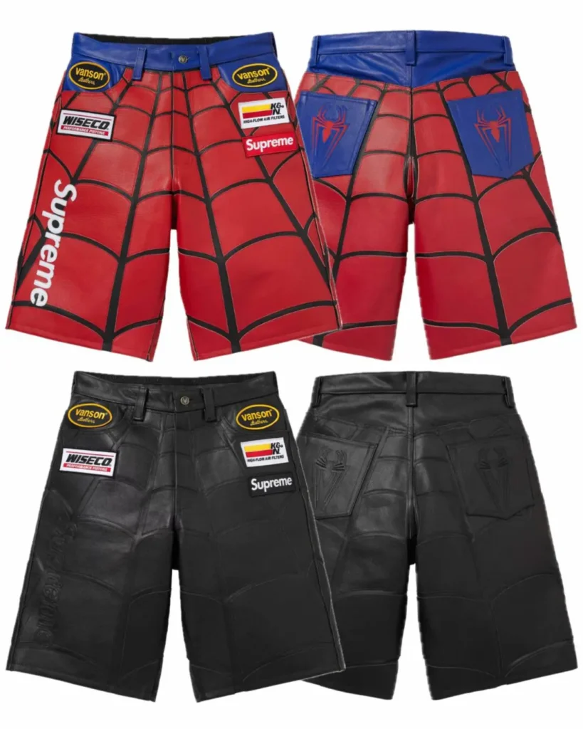 Front and back views of Supreme x Vanson Leathers leather shorts in red-blue and black featuring Spider-Man web graphics, sponsor patches, and branded rear pockets