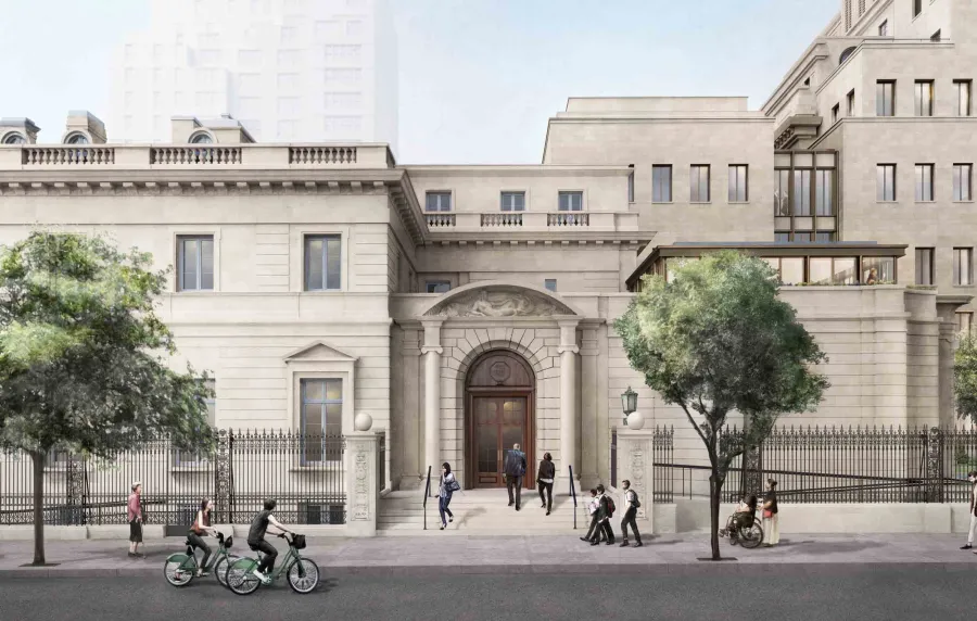 Exterior architectural rendering of The Frick Collection’s renovated Fifth Avenue entrance, showing the restored historic façade alongside contemporary expansion elements, landscaped streetscape, and visitors approaching the museum