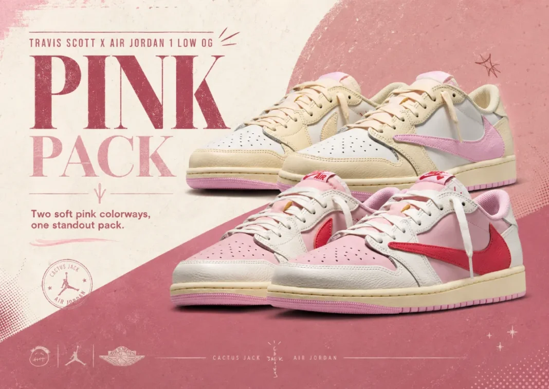 Official Travis Scott x Air Jordan 1 Low OG Pink Pack campaign graphic showcasing the Tropical Pink and Shy Pink shoe release