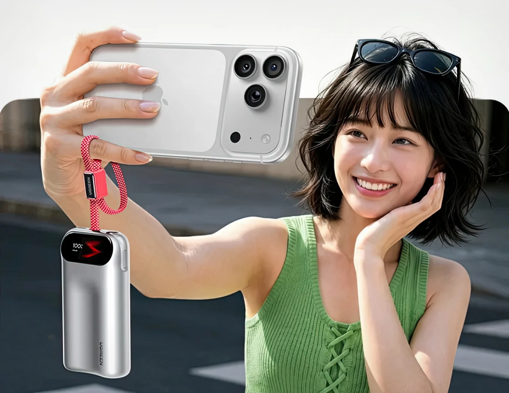 Lifestyle image of a person taking a selfie while using a silver UGREEN Nexode power bank attached by its integrated red braided cable, highlighting the compact curved design and portable day use