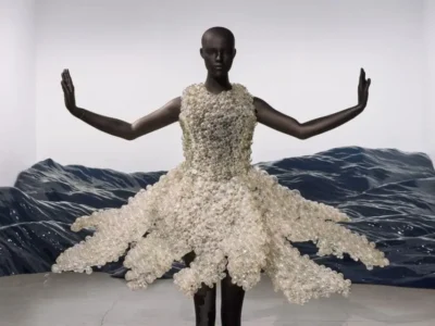A black mannequin stands with both arms extended outward, wearing an intricate sculptural haute couture dress composed of hundreds of translucent bubble-like spheres. The bodice is densely textured while the skirt radiates outward into organic, petal-like formations, creating the illusion of motion and expansion. Behind the figure sits a dark blue undulating installation resembling waves or a geological landscape, reinforcing the futuristic, biomorphic atmosphere associated with experimental fashion and immersive exhibition design