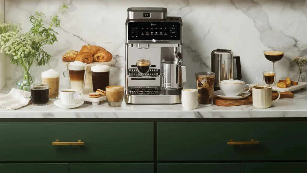 Ninja AutoBarista Pro surrounded by a variety of specialty coffee beverages including espresso, latte, cappuccino, iced coffee, cold brew, and drip coffee alongside pastries in a contemporary kitchen set