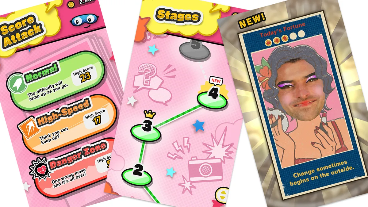 Three promotional mobile game interface screens displayed side by side against a light background. One shows difficulty modes including Normal, High-Speed, and Danger Zone with score tracking; another displays a colorful stage progression map with numbered levels; the third features a stylized fortune-card result using a transformed user photo, highlighting the game’s playful, photo-driven comedy and bright retro-inspired design language