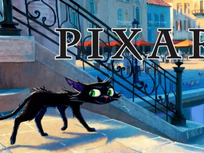 An illustrated black cat with oversized green eyes cautiously walks along a sunlit Venetian canal, framed by stone steps, ornate iron railings, and softly painted buildings in the background. Rendered with visible brushstroke textures and warm reflected light, the artwork combines storybook charm with painterly depth, hinting at a handcrafted animated world inspired by Venice
