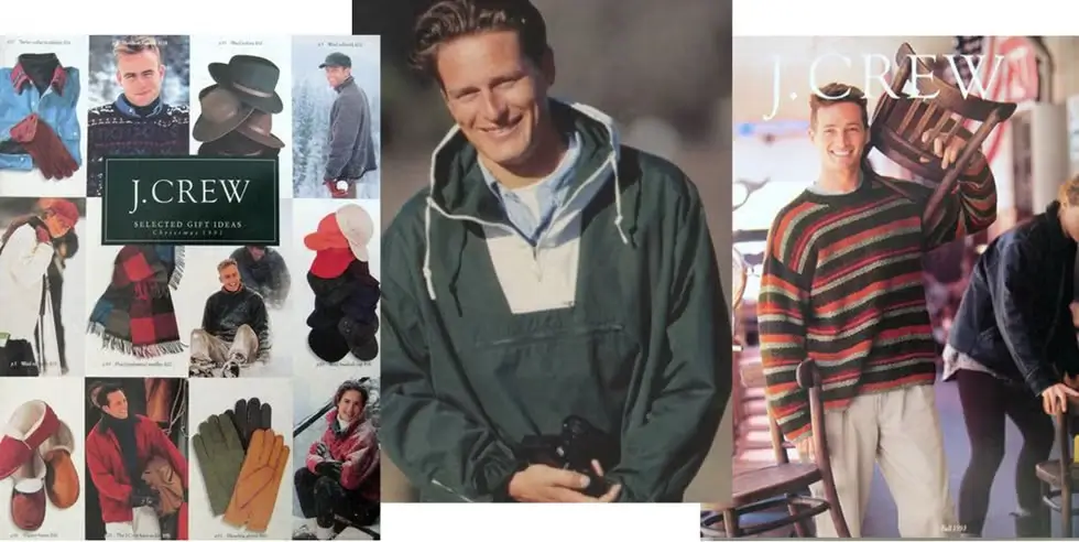 Collage of vintage J.Crew catalog imagery from the late 1980s and early 1990s, featuring models styled in classic American prep and outdoor-inspired clothing. At center, a smiling model wears a dark green pullover anorak with a contrasting cream placket and hood drawstrings, reflecting the era’s rugged-yet-polished aesthetic. Surrounding panels showcase striped knit sweaters, wool accessories, leather gloves, scarves, hats, loafers, and relaxed seasonal layering against softly lit lifestyle backdrops. The imagery captures the nostalgic visual language that defined J.Crew’s golden catalog era—casual sophistication, coastal ease, and heritage sportswear rooted in timeless Americana