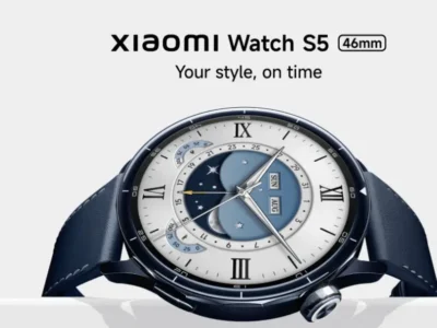 Xiaomi Watch S5 46mm smartwatch in navy blue with a moonphase-inspired analog watch face, stainless-steel bezel, and premium leather strap