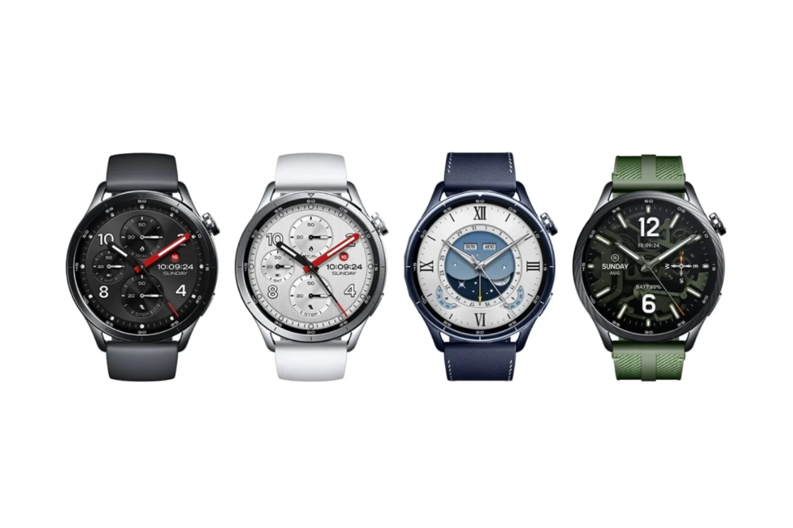 Four Xiaomi Watch S5 models displayed side by side, featuring black, silver, blue, and green colorways with customizable digital and analog watch faces