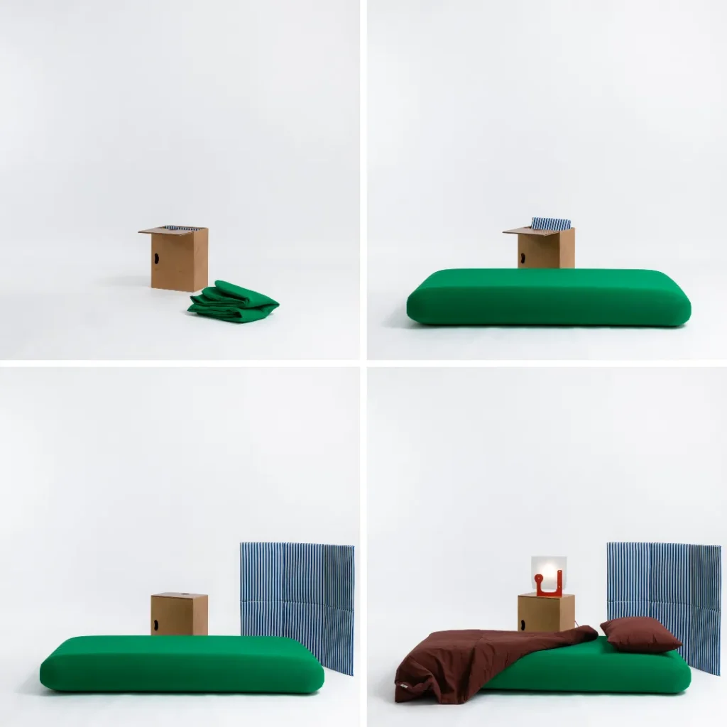 Step-by-step transformation sequence of the Bienvenue “bed in a box” furniture concept unfolding into a complete private sleeping setup