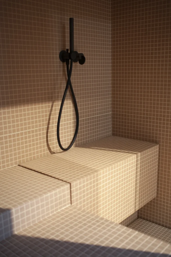 Hammam interior from the Baluar system by Patricia Urquiola for Effe, featuring small square mosaic tiles, a built-in bench, and a matte black wall-mounted shower fixture