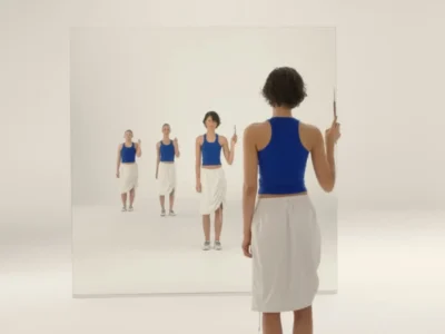 Minimalist campaign still from On’s Shape of Dreams showing a surreal mirrored composition inside the white Dream Lab. A figure in a cobalt blue performance tank and draped white skirt stands facing a large reflective panel, where multiple versions appear repeated in perspective while holding creative tools. The clean set, repetition and spatial illusion evoke experimentation, self-reflection and the iterative process of design, reinforcing the campaign’s themes of movement, imagination and creation through play