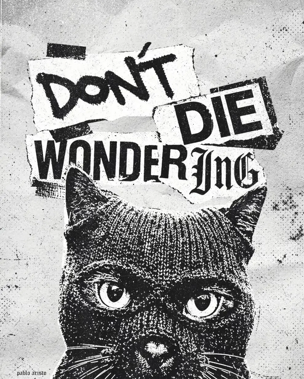 Black-and-white Pablo Aristo graphic featuring a detailed black cat portrait beneath a ransom-note-style collage reading “Don’t Die Wondering.” The artwork combines punk-inspired typography, distressed textures, and DIY zine aesthetics to create a bold visual statement about curiosity, courage, and living without regret