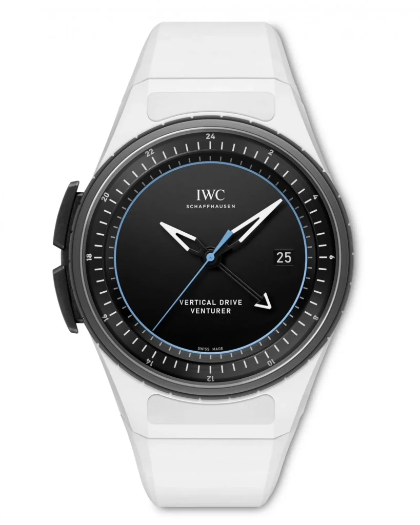 Close-up product view of the IWC Vertical Drive Venturer, highlighting its black dial, blue seconds hand, white case, and integrated white strap