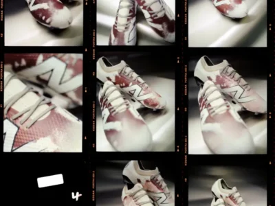 Contact-sheet style collage featuring the Stone Island x New Balance football boots in a cream and burgundy camouflage pattern, captured from multiple angles with vintage film-inspired framing