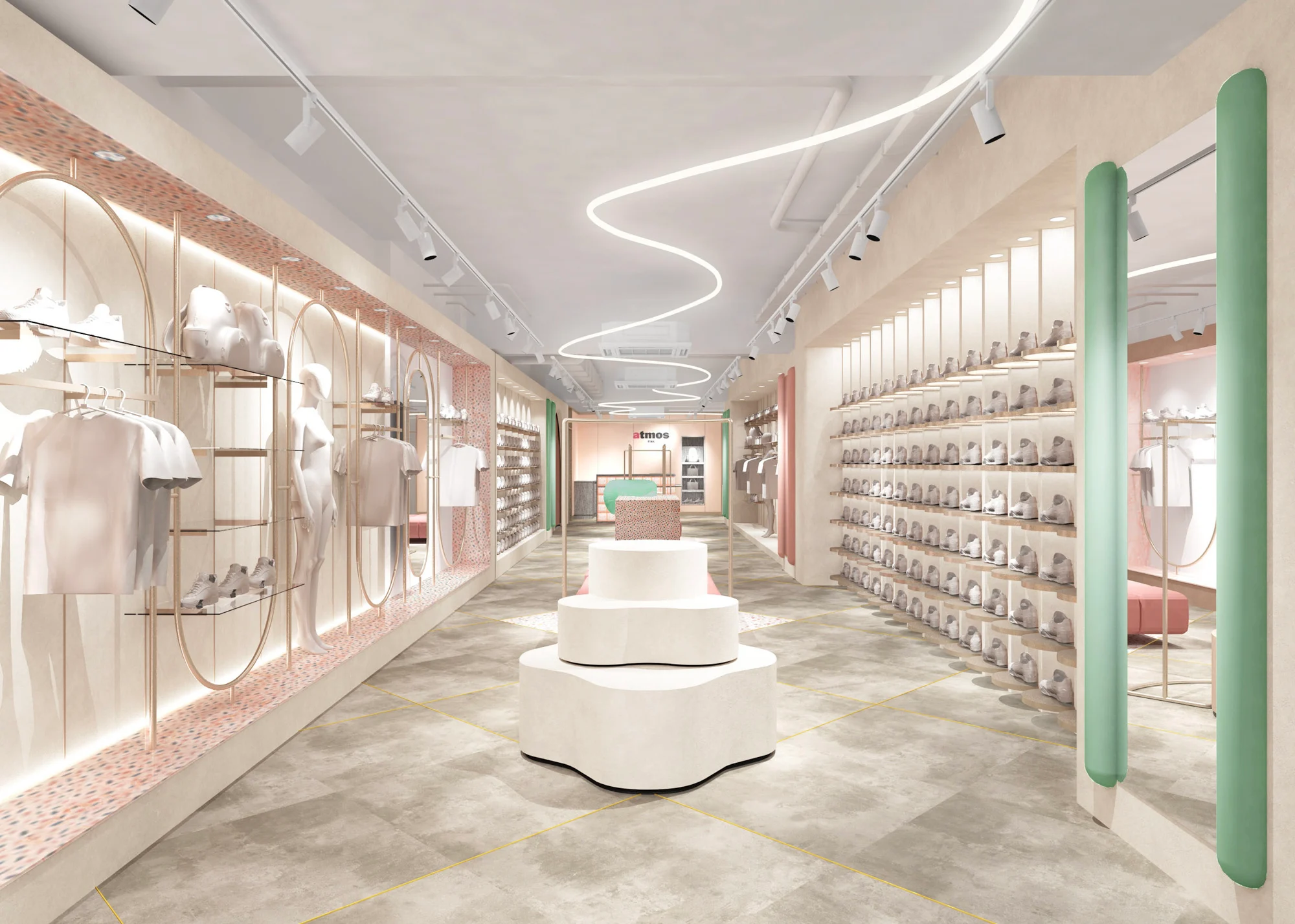 Bright, contemporary atmos Pink sneaker boutique interior featuring a wide central aisle with sculptural white display tables, softly curved LED ceiling lighting, terrazzo accent walls, pastel mint columns, illuminated apparel displays, and floor-to-ceiling shelves filled with white sneakers in a clean, minimalist retail environment