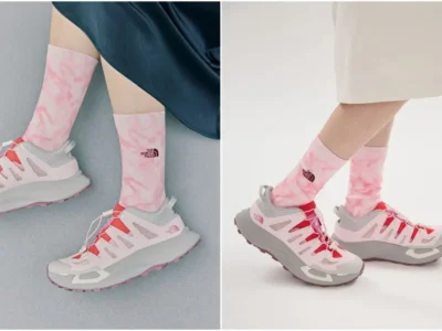 The North Face VECTIV Breeze trail shoes in soft pink and grey styled with pink tie-dye crew socks, showcasing outdoor performance footwear with lifestyle appeal