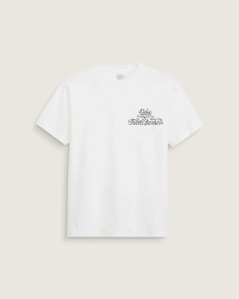 White Travis Barker x Vans short-sleeve T-shirt with minimal collaborative chest branding in black script