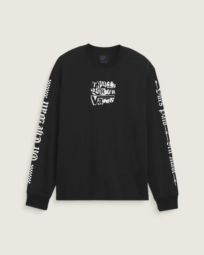 Black long-sleeve Travis Barker x Vans shirt featuring bold collaborative branding on the chest and gothic graphics running down both sleeve