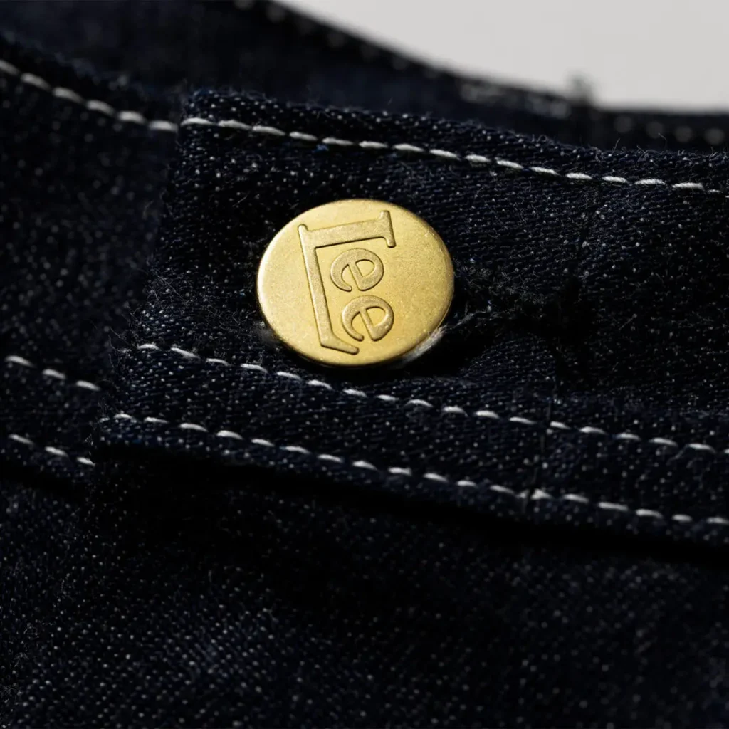 Macro photograph of an engraved brass Lee logo button with a brushed vintage finish mounted on heavyweight indigo denim