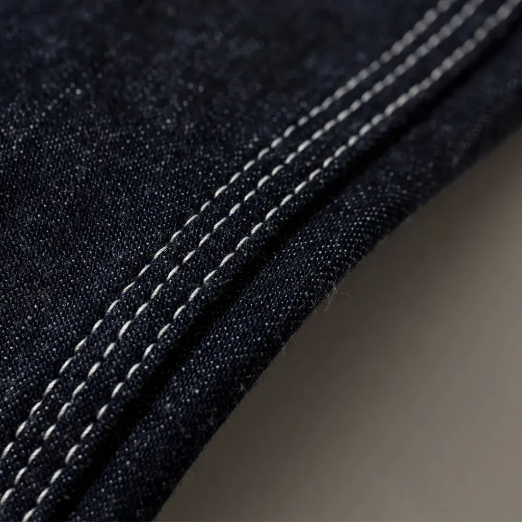 Detailed close-up of the triple-stitched hem on the Lee Archives denim garment, emphasizing durable construction, clean finishing, and heavyweight fabric texture