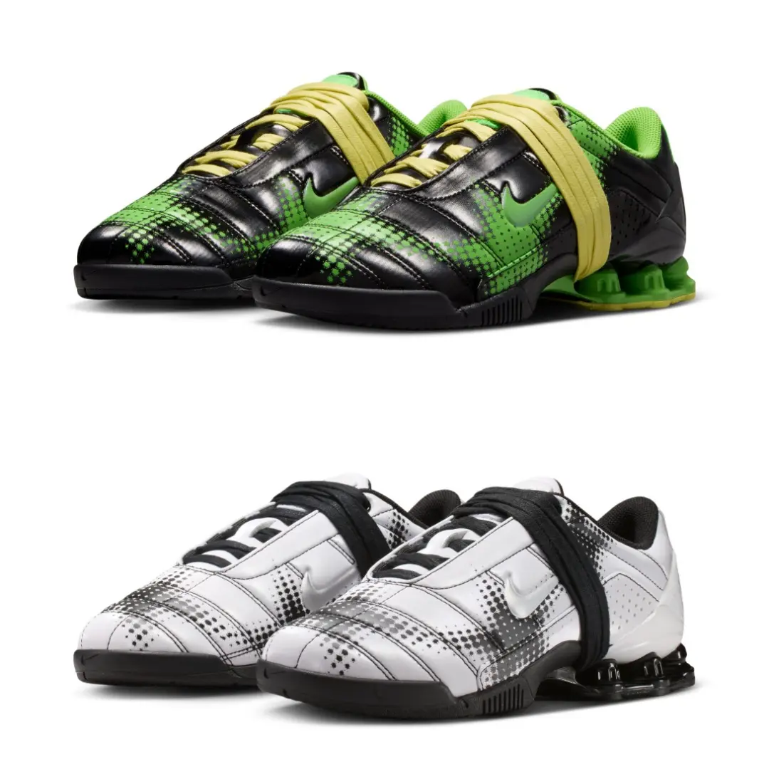 Pair of Nike Shox TL-inspired low-top sneakers displayed in green/black and white/black colorways, featuring pixelated plaid graphics, oversized wraparound laces, and signature Shox cushion column
