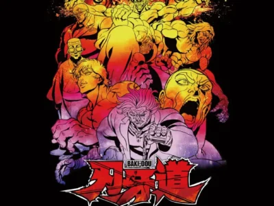 Baki-Dou collaboration artwork featuring a collage of iconic fighters in a fiery neon gradient composition with bold manga-inspired graphics