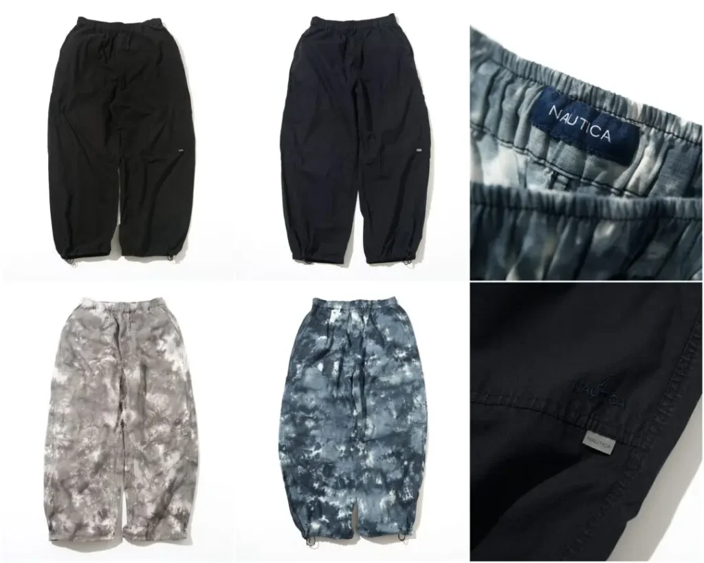 Nautica collection overview featuring black and tie-dye ripstop utility pants in multiple colorways, highlighted with close-up details of branding, fabric, and construction