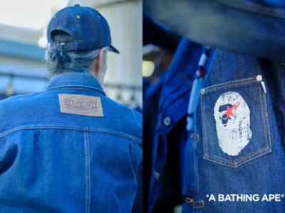 A BATHING APE denim jacket and jeans set featuring vintage-wash indigo denim, signature ape-head graphics, and branded patch detail