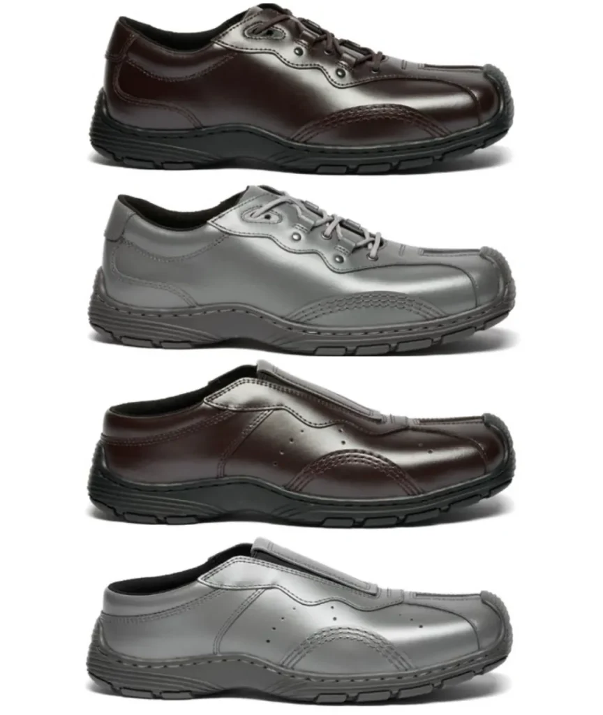 Side-profile lineup of The Aurix footwear showcases lace-up and slip-on models in dark brown and metallic silver leather finishes. The image highlights sculpted midsoles, reinforced rubber toe caps, premium leather construction, ergonomic low-cut silhouettes, and durable tread patterns across each versatile style