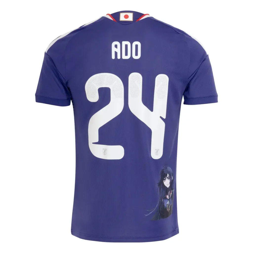 Official back view of the Ado x Japan national team home jersey displaying the name ADO, number 24, and character graphic