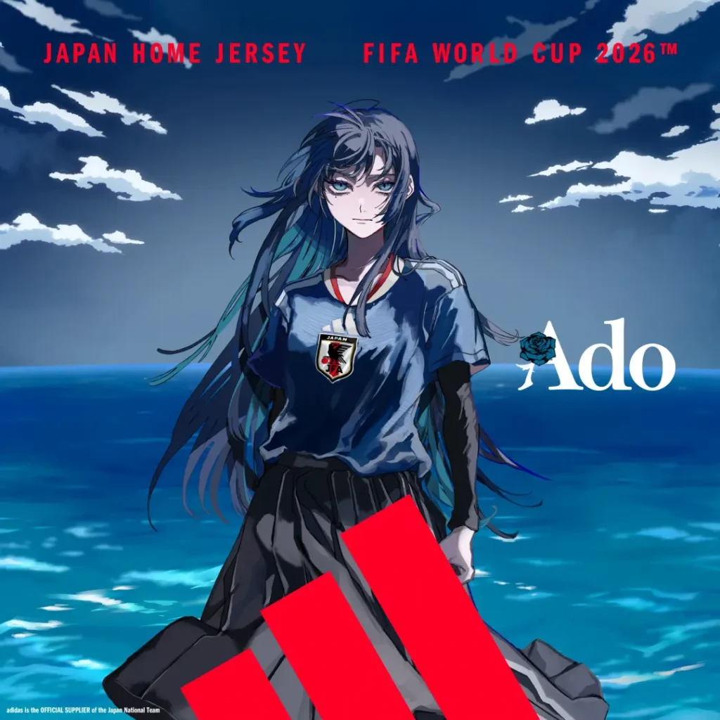 Anime-inspired promotional artwork featuring Ado wearing a Japan national team home jersey against a dramatic ocean and sky backdrop, celebrating the FIFA World Cup 2026 with adidas brand