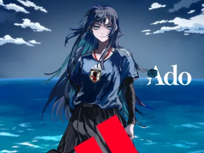 Anime-inspired promotional artwork featuring Ado wearing a Japan national team home jersey against a dramatic ocean and sky backdrop, celebrating the FIFA World Cup 2026 with adidas brand