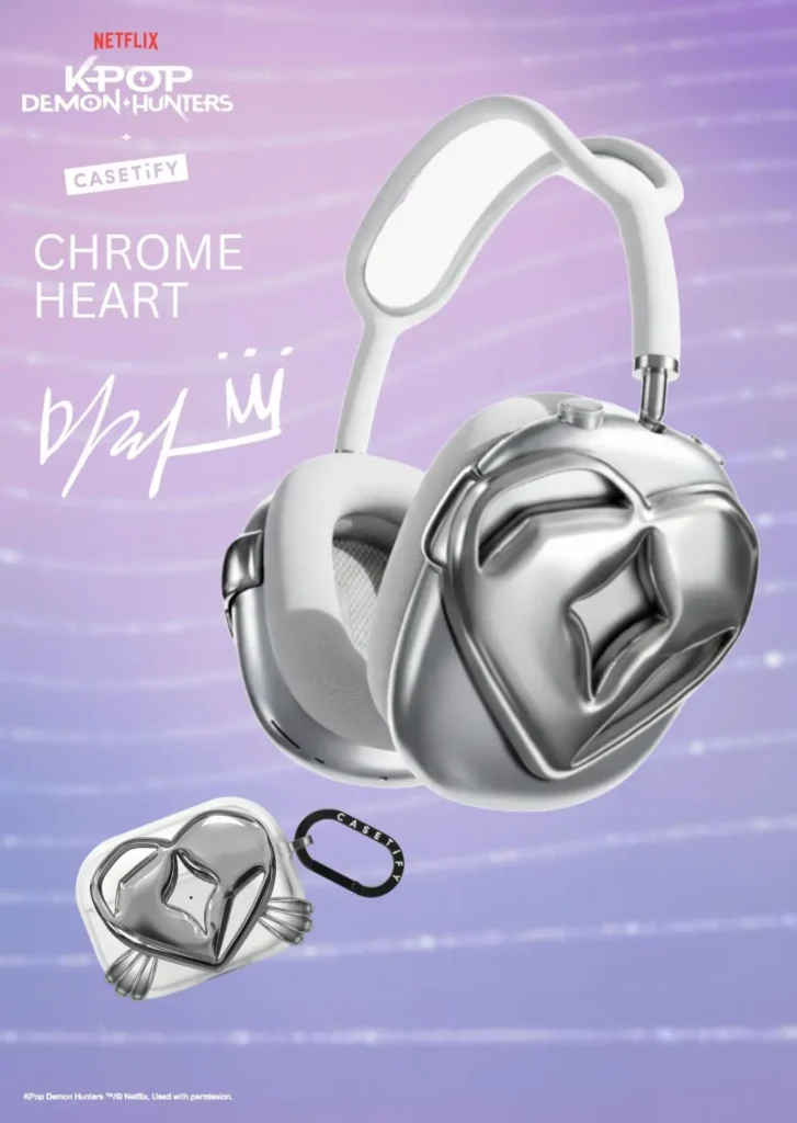 Chrome Heart-inspired silver headphone cover and matching AirPods case designed for the Mira-themed CASETiFY collaboration, featuring polished metallic heart motifs against a pastel purple backdrop