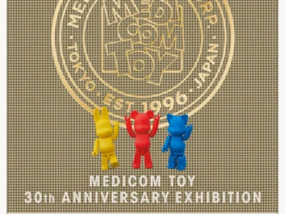 MEDICOM TOY 30th Anniversary Exhibition promotional poster featuring three colorful collectible figures—a yellow rabbit, red BE@RBRICK, and blue cat—posed beneath a gold commemorative MEDICOM TOY 30th anniversary emblem. The event details announce the exhibition running from July 25–30, 2026, at Space O in Omotesando Hills, Tokyo, with free admission and opening hours from 11:00 a.m. to 8:00 p.m. The design combines metallic gold graphics, a textured beige background, and clean typography celebrating MEDICOM TOY's founding in 1996 and its 30-year legacy in designer toys and collectible culture