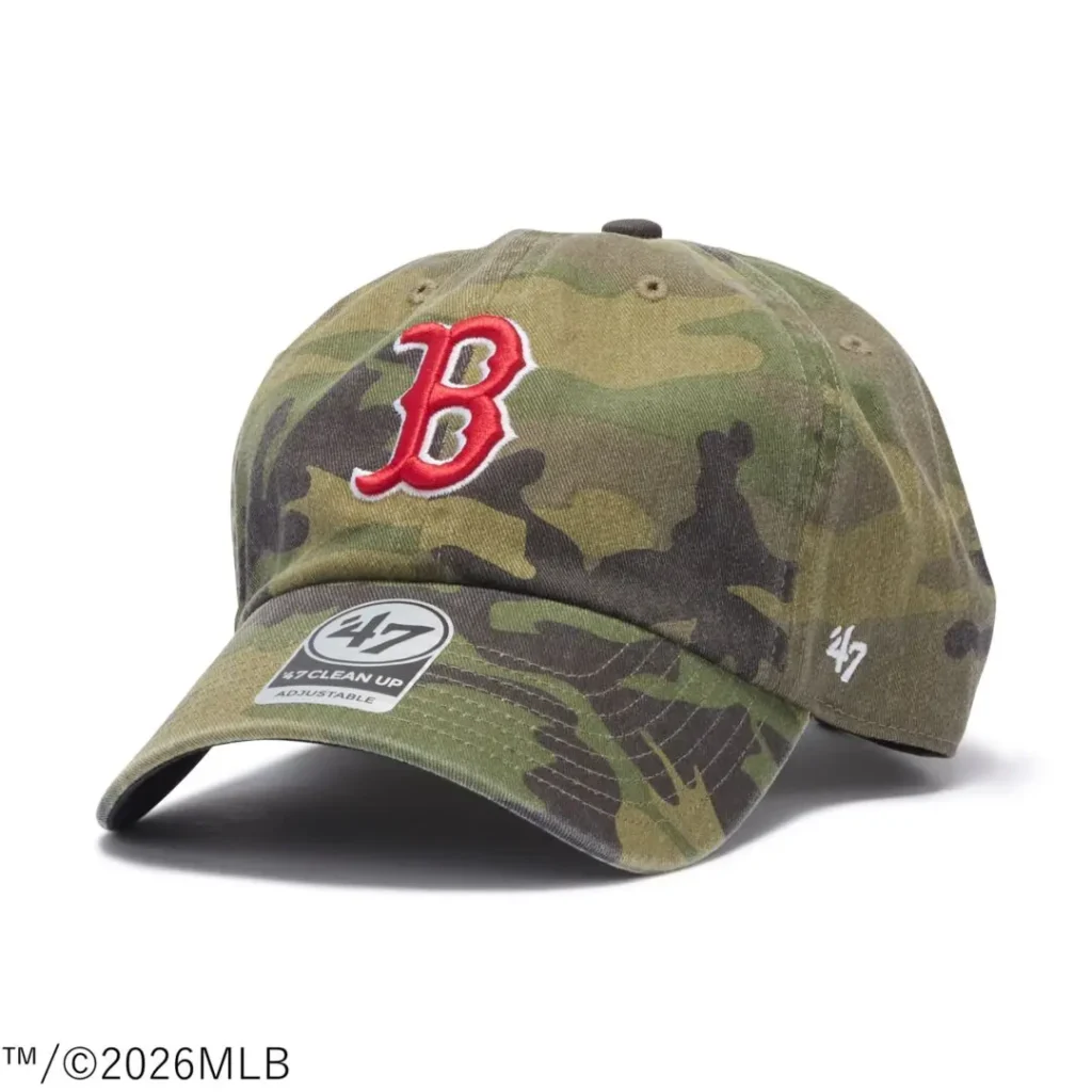 Boston Red Sox camouflage cap showcasing a red embroidered B logo against a military-inspired woodland camouflage background and curved brim sil