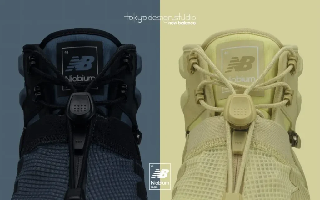 Close-up comparison of two Tokyo Design Studio x New Balance Niobium footwear colorways, showcasing the quick-lace toggle system, mesh uppers, and technical outdoor-inspired construction in black and light beige