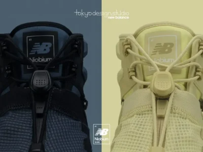 Close-up comparison of two Tokyo Design Studio x New Balance Niobium footwear colorways, showcasing the quick-lace toggle system, mesh uppers, and technical outdoor-inspired construction in black and light beige