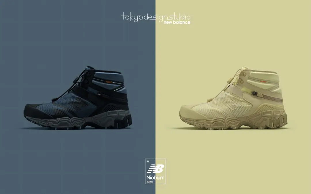 Side-by-side profile view of Tokyo Design Studio x New Balance Niobium boots in black and beige, highlighting the rugged sculpted outsole, mid-cut silhouette, and minimalist performance-focused design