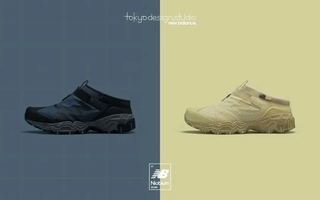 Split-screen display of Tokyo Design Studio x New Balance Niobium mule conversions in black and beige, featuring slip-on styling, breathable mesh panels, and trail-ready sole unit