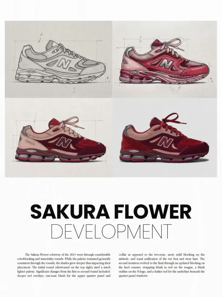 “Sakura Flower” development board illustrating the evolution of a burgundy and blush pink New Balance sneaker. Sketches, renderings, and final product imagery trace the progression from initial concept drawings to the finished design, highlighting changes in color placement, materials, and branding detail