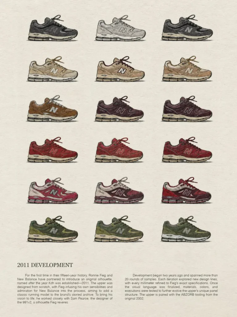 A collection of New Balance 2011 concept sketches displayed in a grid format. Multiple color studies explore black, cream, brown, burgundy, red, pink, and green palettes, documenting the extensive design process and experimentation behind the silhouette’s final colorway