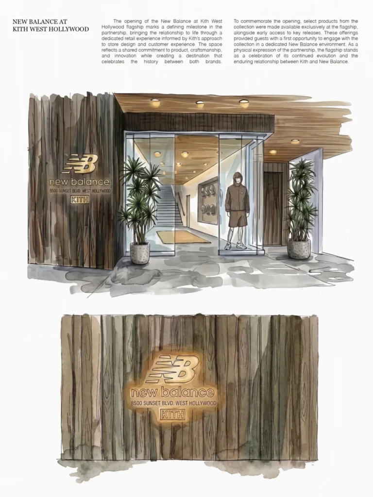 Architectural rendering of the New Balance at Kith West Hollywood flagship location. The concept artwork depicts a modern storefront with wood-paneled exteriors, illuminated signage, floor-to-ceiling glass, landscaped planters, and a minimalist retail interior designed to celebrate the partnership between the two brand