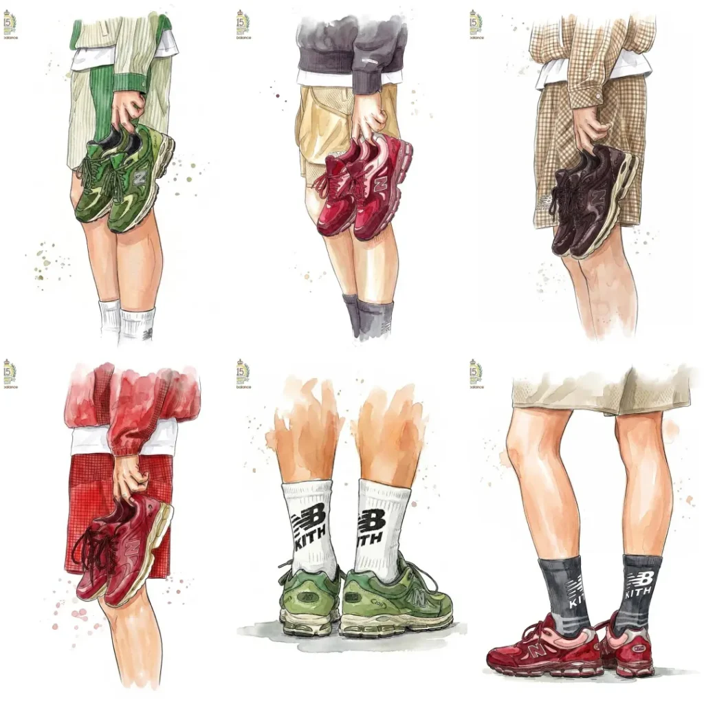 Fashion illustration depicting a model holding a pair of green New Balance shoe. The figure wears coordinated striped apparel in cream and green tones, while watercolor splashes and sketch-like detailing reinforce the collection’s artistic presentation style