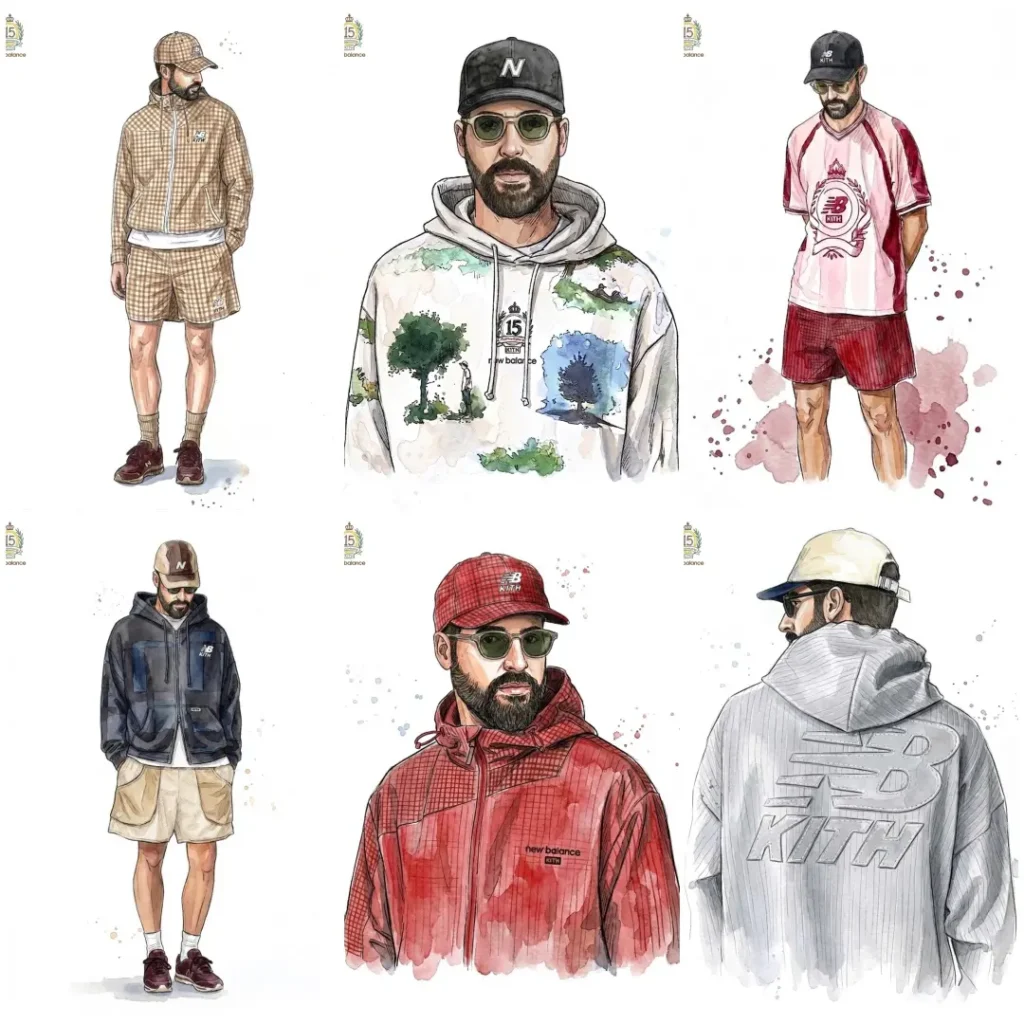 Illustrated portrait of a model wearing a green-and-cream Kith x New Balance jacket and black cap. Rendered in a watercolor style, the artwork highlights the collection’s outerwear design, featuring flowing panel construction, subtle branding, and coordinated color-blocking