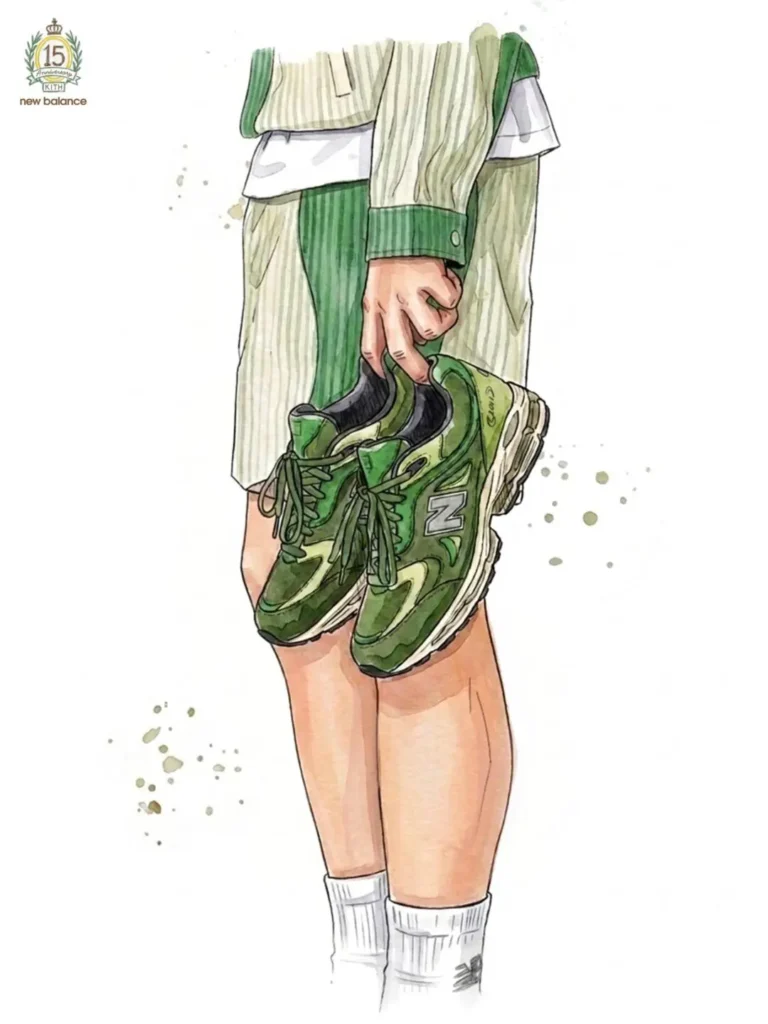 Detailed fashion illustration of a model carrying a pair of green New Balance sneakers by the laces. The outfit combines striped green-and-cream garments with white socks, while watercolor textures and paint splatters complement the footwear’s leaf-inspired tincture palette