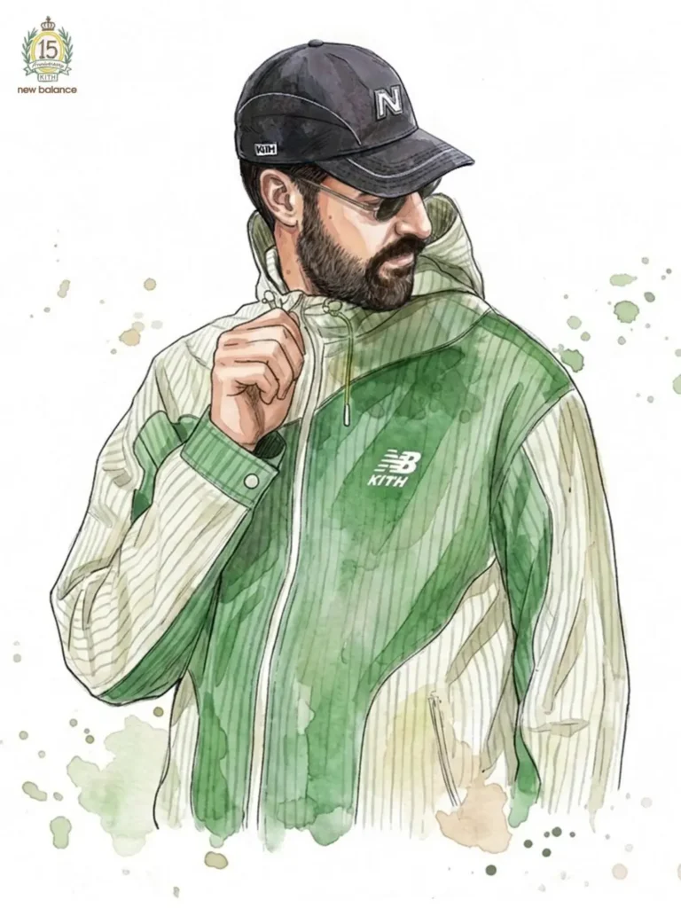 Watercolor-style portrait showcasing a model wearing a green Kith x New Balance windbreaker and black cap. The jacket’s flowing panel lines, vertical striping, and co-branded chest logo are emphasized through soft painterly shading and layered green tone