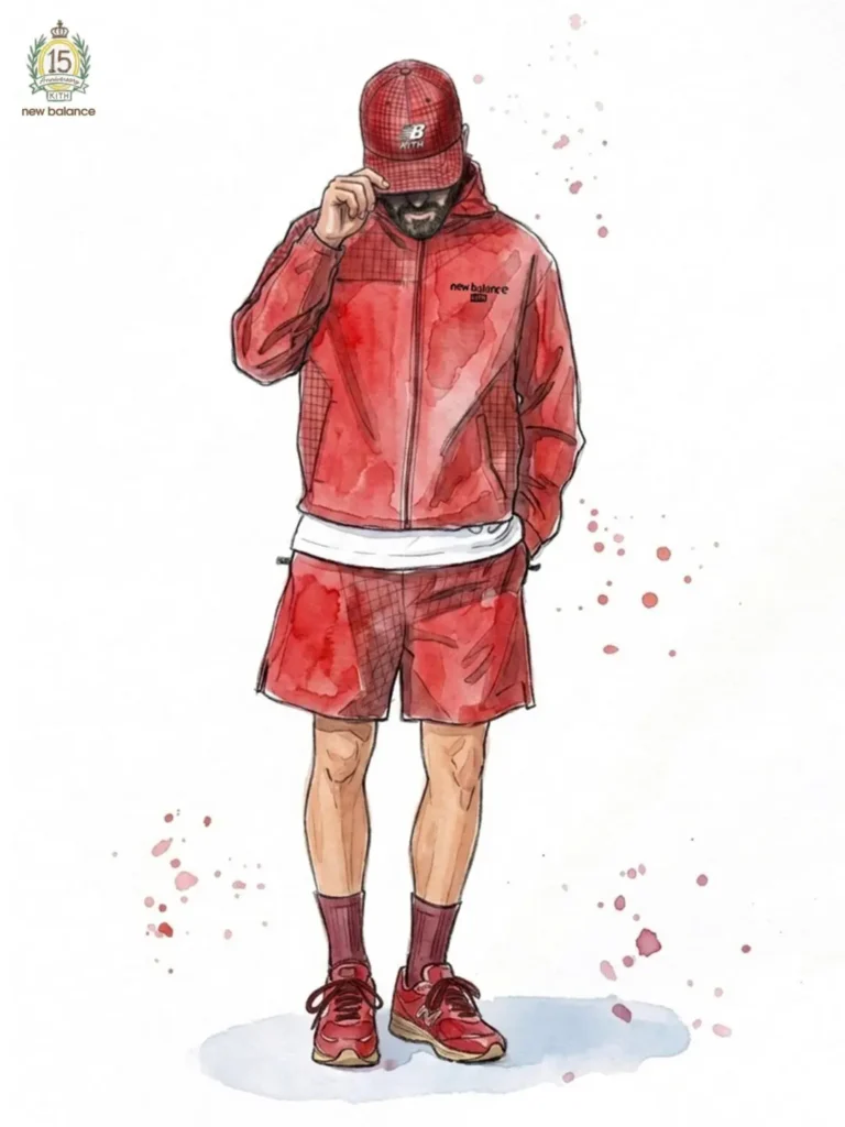 Illustrated portrait viewed from behind featuring a model in a dark graphic T-shirt with large “KITH 2011 Queens, New York” lettering across the back. A burgundy cap and watercolor shading reinforce the collection’s commemorative anniversary theme
