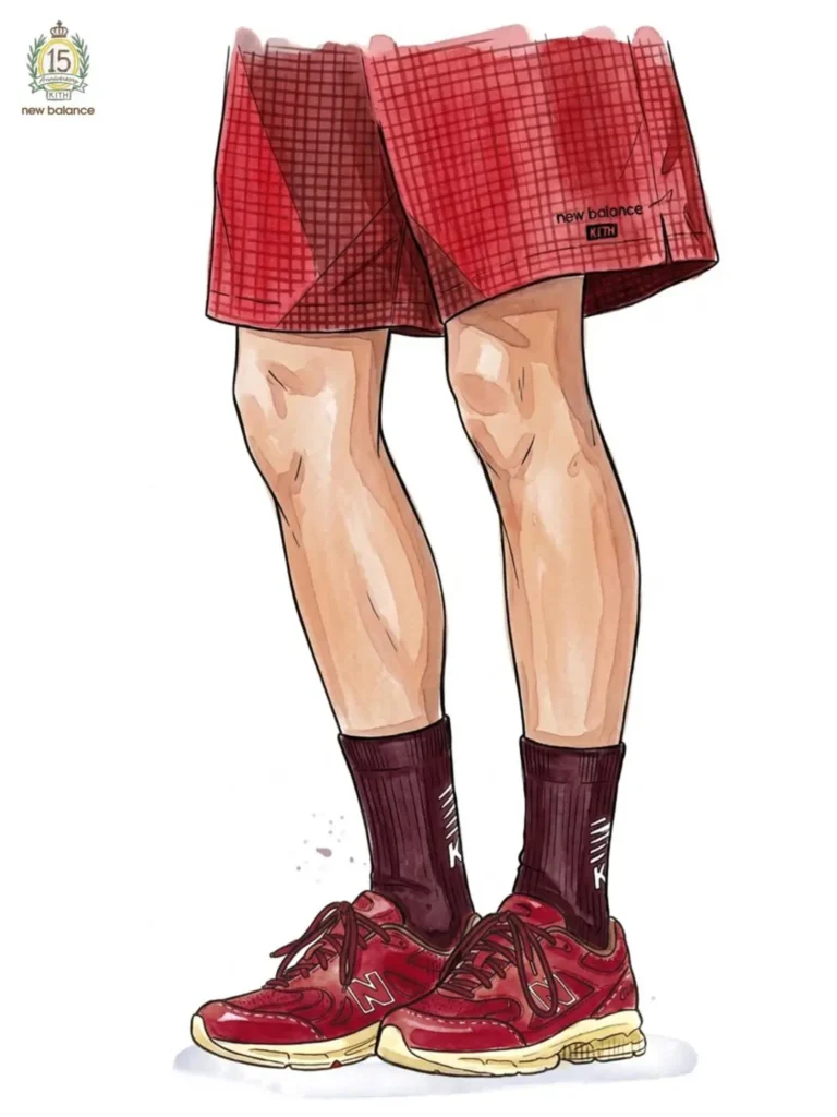 Close-up fashion illustration focusing on red Kith x New Balance shorts paired with matching burgundy socks and red sneakers. The artwork highlights the collection’s tonal styling, technical fabrics, and coordinated branding details