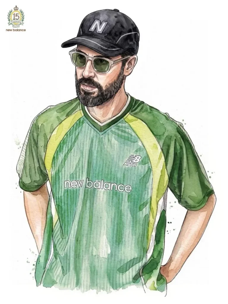 Watercolor fashion portrait of a bearded man wearing a black New Balance cap, green-tinted sunglasses, and a vintage-inspired green New Balance jersey. The illustration uses loose brushwork and soft shading, highlighting the sporty aesthetic and collaborative Kith x New Balance anniversary theme