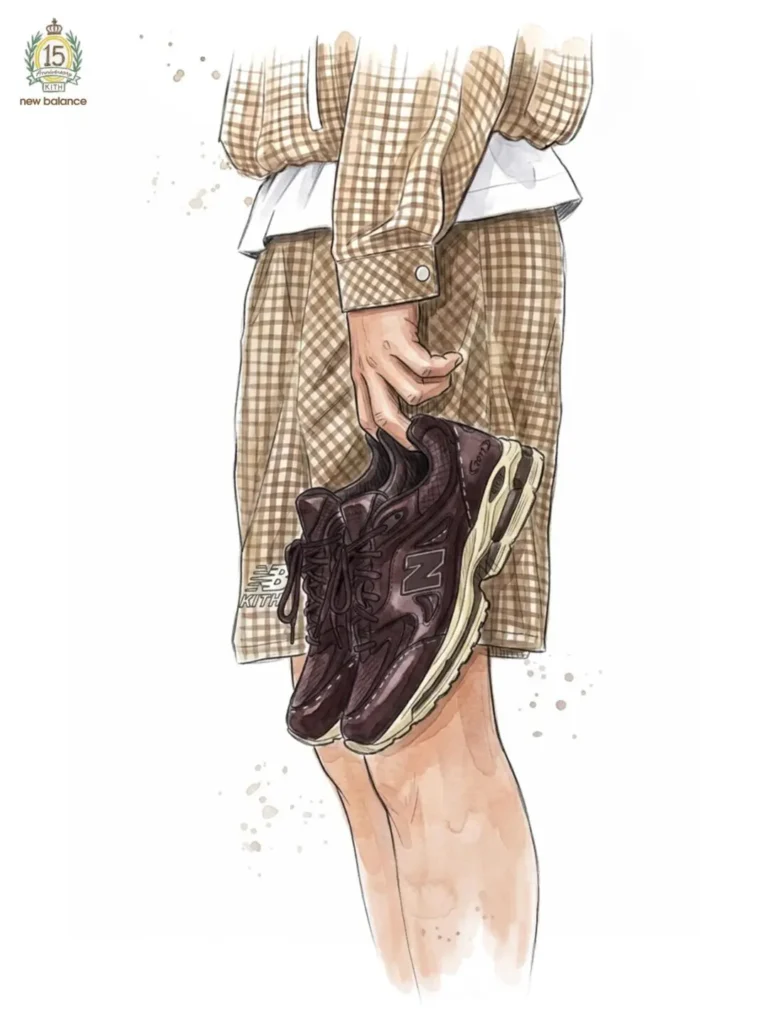Close-up watercolor illustration of a model in a beige gingham jacket and shorts set, holding a pair of dark brown New Balance shoe by the laces. Soft watercolor washes, fine line details, and light paint splatter effects create a refined editorial fashion sketch aesthetic